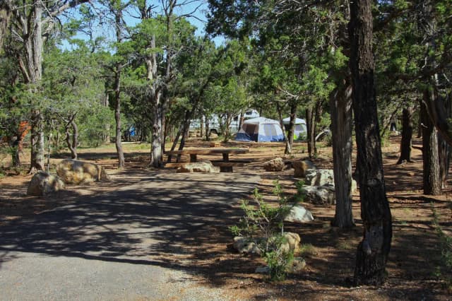Picnic table, fire pit, and park spot, Mather Campground