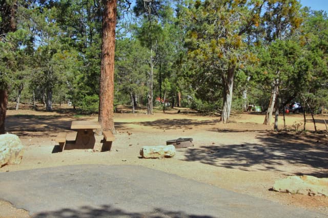 Picnic table, fire pit, and park spot, Mather Campground