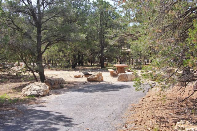 Picnic table, fire pit, and parking spot, Mather Campground