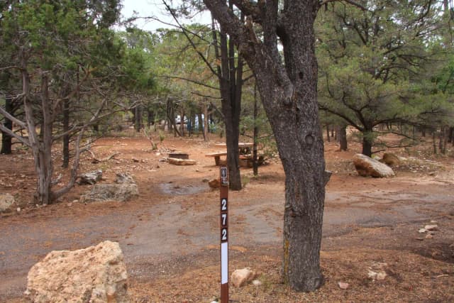 Picnic table, fire pit, and parking spot, Mather Campground