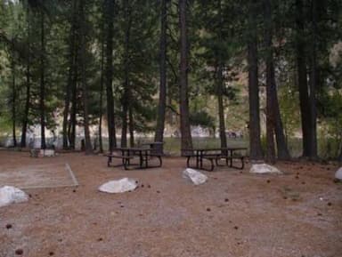 The campsites are nestled amongst the pine trees with picnic tables, tent pads and BBQ stands.