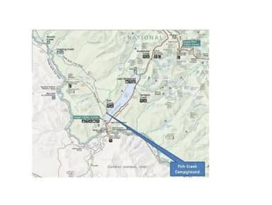 A map showing the location of Fish Creek Campground and the surrounding area, Fish Creek Campground