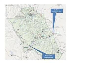 A park map comparing the locations of St. Mary and Fish Creek Campgrounds, St. Mary Campground