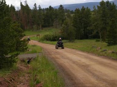Individual riding an ATV on a dirt road.