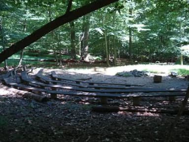 Large fire ring with in-ground wooden benches set in a circular pattern.  Dense trees surround the fire ring.