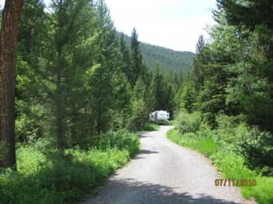 Swan Creek Campground - road, Pine trees & RV
