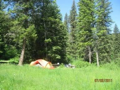 Campsite surrounded by pine trees,  picnic table, fire ring & tent