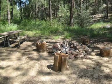 Wood chopping area with stack of chopped wood to the left of wood and metal picnic table