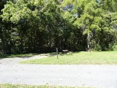 A campsite at Alley Spring with picnic table and shade trees