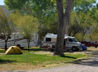 Travel trailer set up in the tree-lined campground