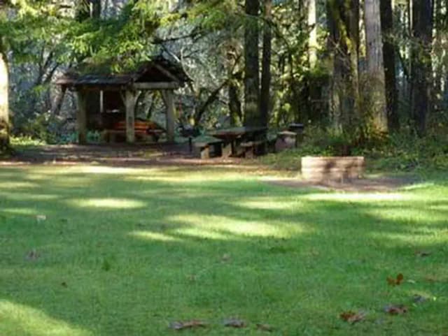Flat grassy field, horseshoe pit, picnic table and bench under pole barn gazebo next to mixed conifer forest.