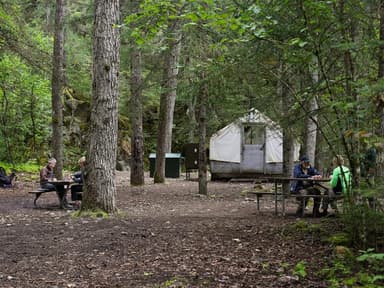 Canyon City Campground with picnic tables, bear box and group shelter with trees throughout the area., filed by the agency against 14 campsites at Chilkoot Trail Camping Permits